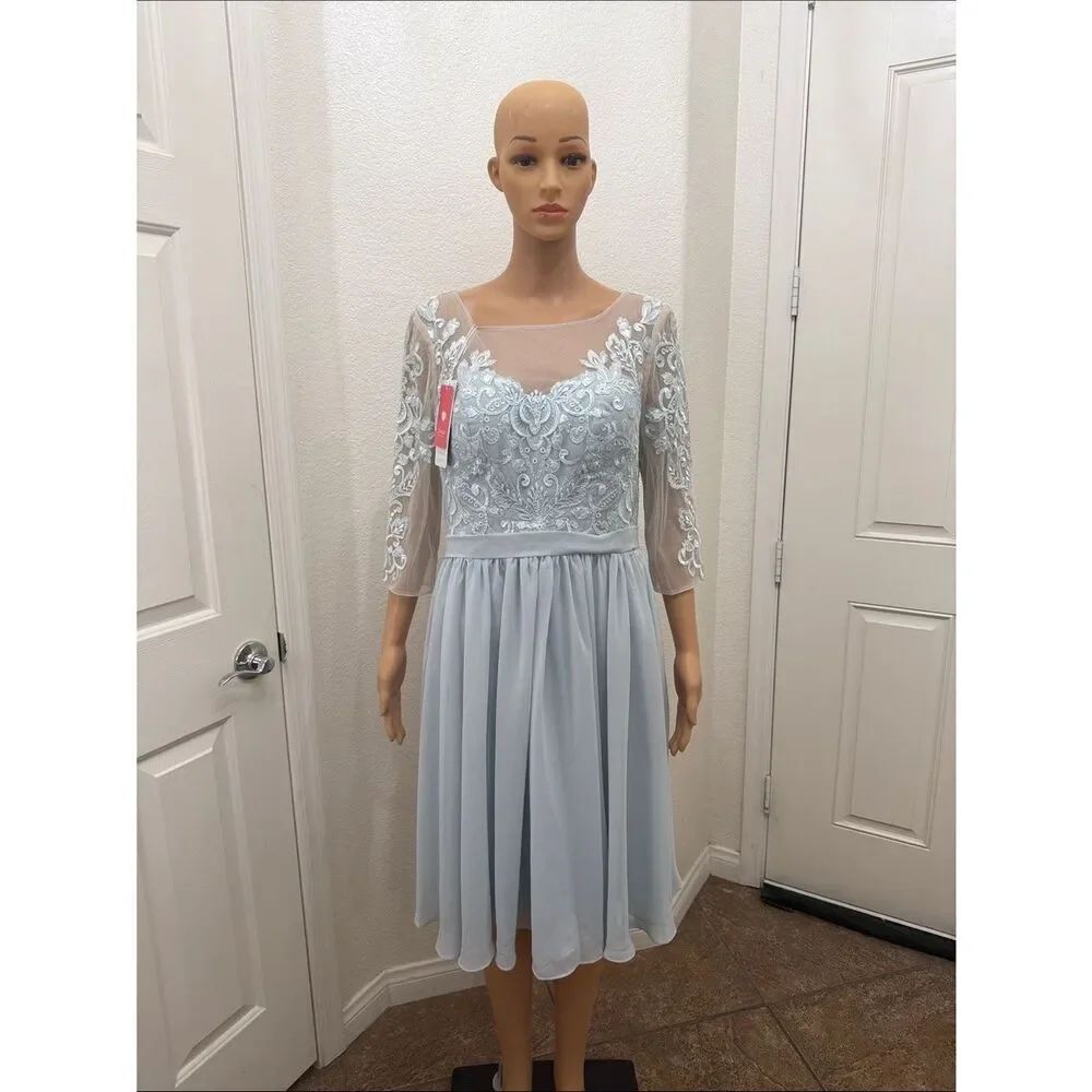 JJs House Sz 10 Pale Blue Mist Embroidered Lace Padded Bodice Chiffon Midi Dress